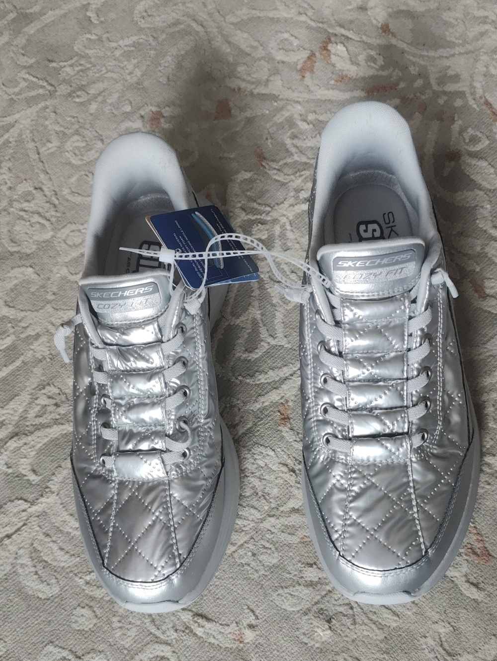 Skechers Men's Metallic Silver Quilted Slip- Ins Lace-Up Sneakers